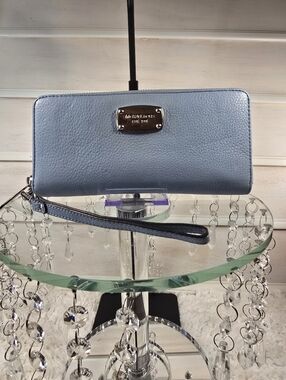 Michael Kors Light Blue pebble Leather long Wristlet Wallet